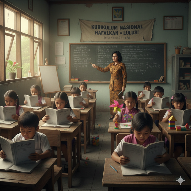 (Sumber: foto dibuat oleh gemini, “Siswa belajar di sekolah Indonesia dengan kurikulum hafalan dan kreativitas”)