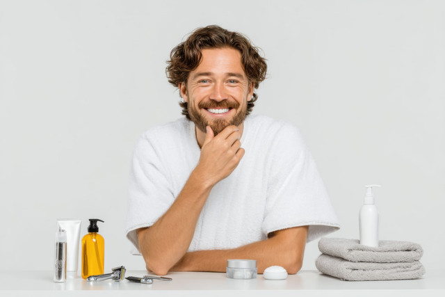 Perawatan diri menjadi bagian gaya hidup pria modern (Sumber: https://www.vecteezy.com/photo/68605892-smiling-man-in-bathrobe-sitting-at-table-with-various-beauty-products">smiling-man-in-bathrobe-sitting-at-table-with-various-beauty-products Stock photos by Vecteezy</a>)