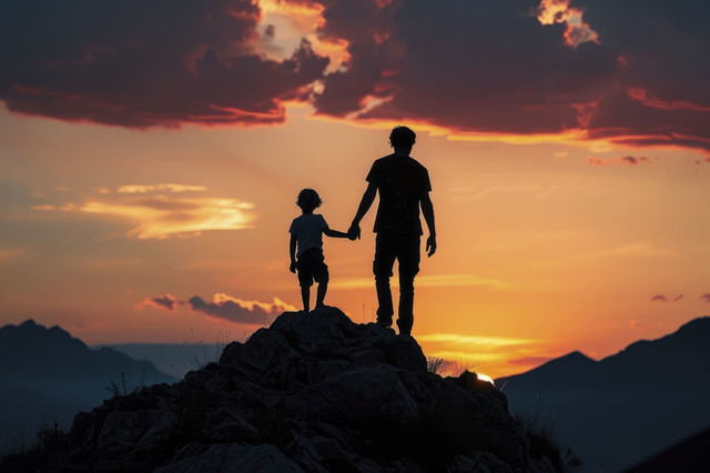 Ayah dan Anaknya (Sumber: https://www.vecteezy.com/photo/58142481-father-and-son-on-top-of-mountain-at-sunset)