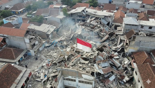 Ilustrasi bangunan runtuh (gambar: Gemini AI)