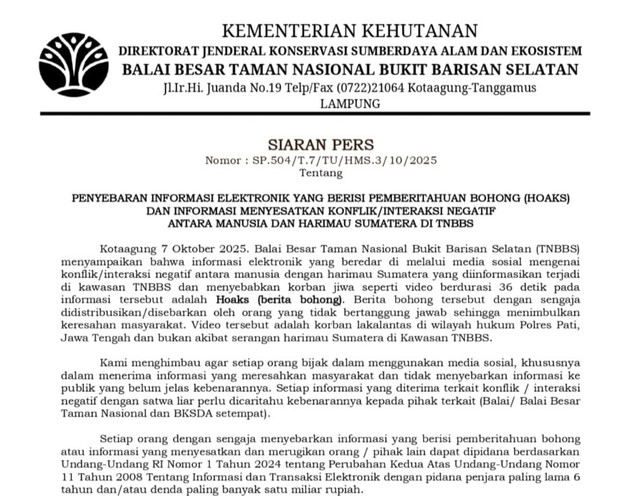 Siaran pers Kementrian Kehutanan melalui Direktorat Jendral Konservasi Sumberdaya Alam dan Ekosistem Balai Besar Taman Nasional Bukit Barisan Selatan | Foto : Dok. Ist