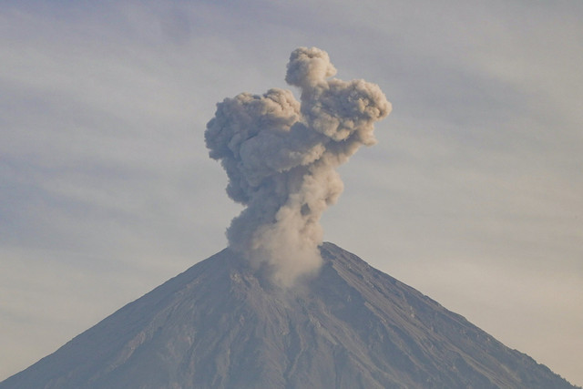 Asap vulkanis keluar dari kawah Gunung Semeru terlihat dari Kecamatan Pronojiwo, Lumajang, Jawa Timur, Rabu (8/10/2025). Foto: Irfan Sumanjaya/ANTARA FOTO