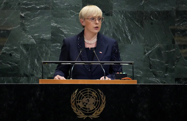 Presiden Slovenia Natasa Pirc Musar berpidato dalam Debat Umum Majelis Umum Perserikatan Bangsa-Bangsa di Markas Besar PBB di New York City, Selasa (23/9/2025). Foto: TIMOTHY A. CLARY / AFP