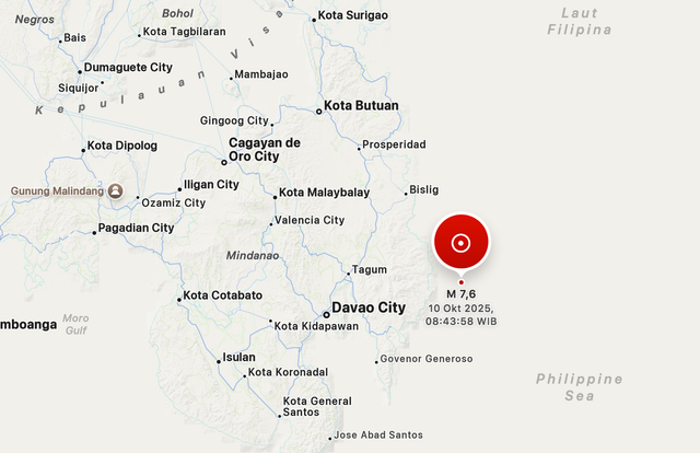 PUsat gempa di Filipina, Jumat (10/10/2025) yang berdampak hingga Indonesia. Foto: Dok. BMKG