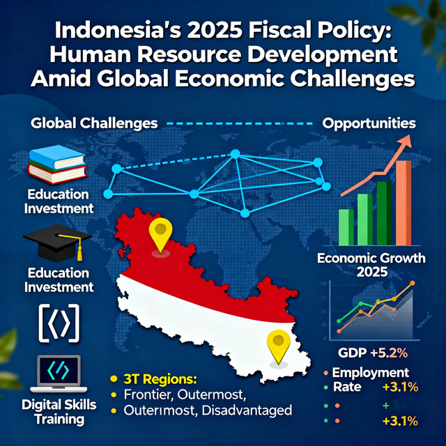 Infografis ini menggambarkan kebijakan fiskal Indonesia tahun 2025 yang menitikberatkan pada penguatan sumber daya manusia (SDM) sebagai pilar utama dalam menghadapi tantangan ekonomi global. (Sumber Foto: Idisign)