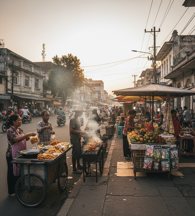 Para Pedagang sedang Berjualan di Trotoar Jalan. (Foto dibuat dengan AI)