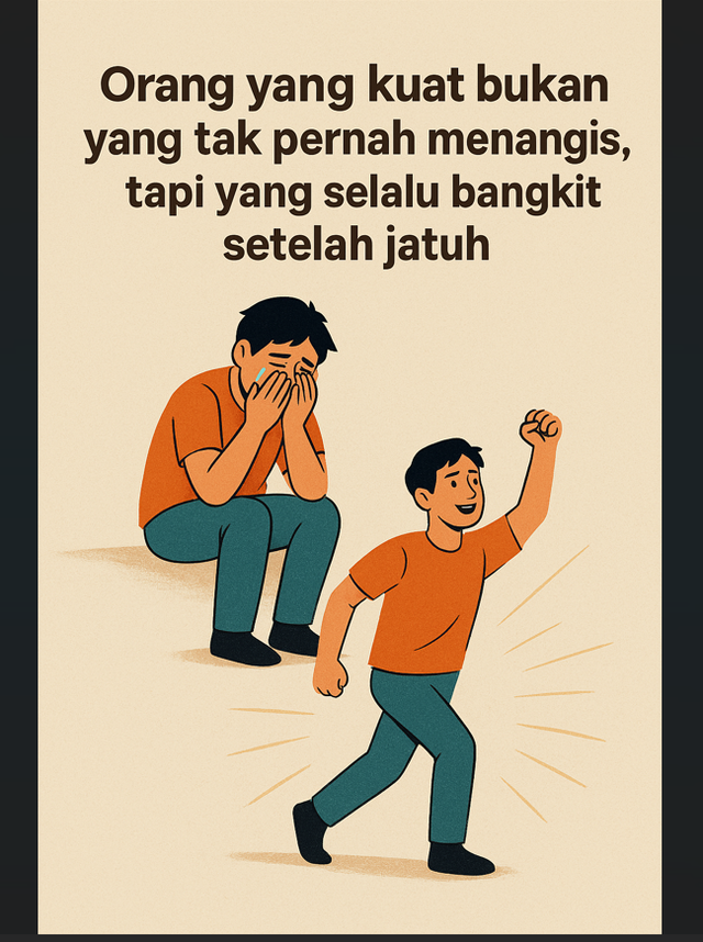 Ilustrasi Seorang pria bangkit dari jatuh, menatap ke depan dengan semangat dan tekad, simbol kekuatan dan ketabahan