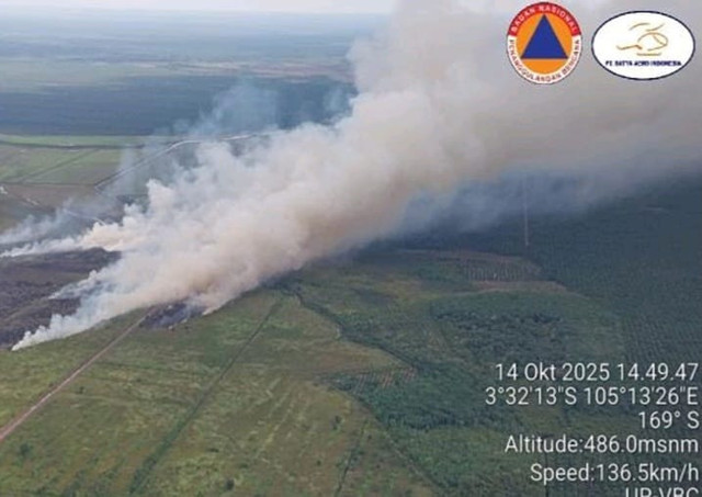 Suasana dari udara lahan cetak sawah yang terbakar di OKI. Foto : Dok BPBD Sumsel