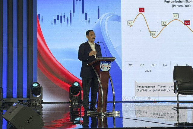 Ketua DEN Luhut Binsar Pandjaitan dalam acara bertajuk 'Satu Tahun Pemerintahan Prabowo-Gibran' di Jakarta Selatan, Kamis (16/10/2025). Foto: Najma Ramadhanya/kumparan