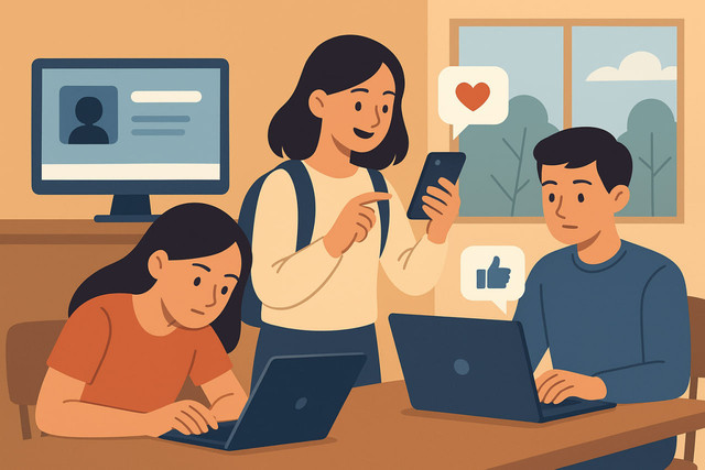 ChatGPT said:Ilustrasi ini menunjukkan pelajar yang tengah belajar sambil terhubung dengan media sosial sebagai cerminan pencarian validasi di era digital. Sumber Gambar: pixaby.com