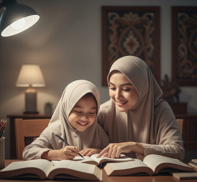 seorang anak yang belajar didampingi oran tuanya (gemini)