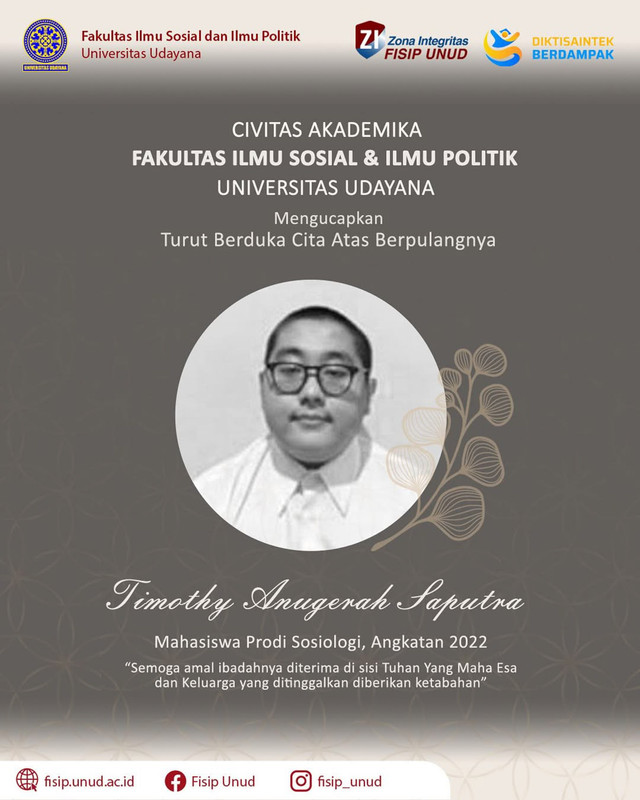Ungkapan belasungkawa dari Fakultas Ilmu Sosial dan Ilmu Politik (FISIP) Universitas Udayana untuk almarhum Timothy Anugerah Saputra. Foto: Instagram/ @fisip_unud