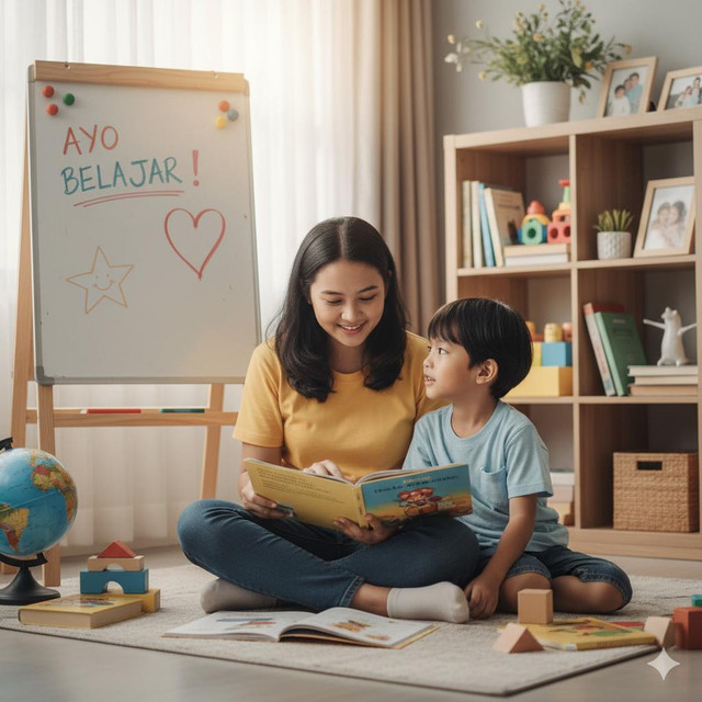 Ilustrasi Kakak yang sedang mengajarkan adiknya. Foto dibuat oleh Gemini