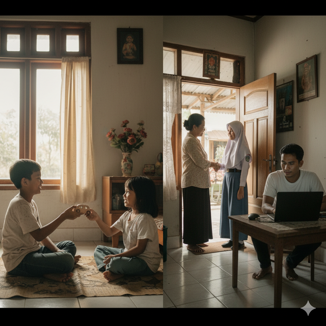 Ilustrasi seorang kakak rela mengorbankan pendidikannya demi bekerja untuk sang adik agar bisa sekolah. (Gambar dihasilkan oleh model AI Gemini)