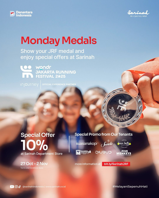 InJourney menjadi Official Experience Partner Jakarta Running Festival (JRF) 2025 menawarkan diskon spesial di tenant pilihan di Sarinah untuk pelari dengan menunjukkan Medal Monday. Foto: Dok. InJourney