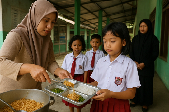 Ilustrasi pembagian makan bergizi gratis hasil image generating dari chatGPT