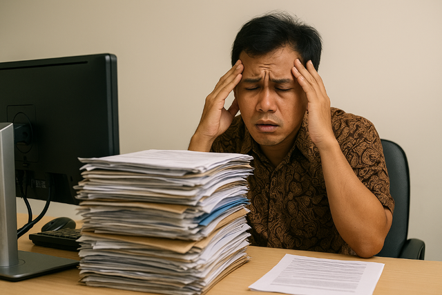 ilustrasi pengelola keuangan di akhir tahun anggaran jika tidak memiliki perencanaan belanja yang baik, hasil olah gambar dari chatgpt