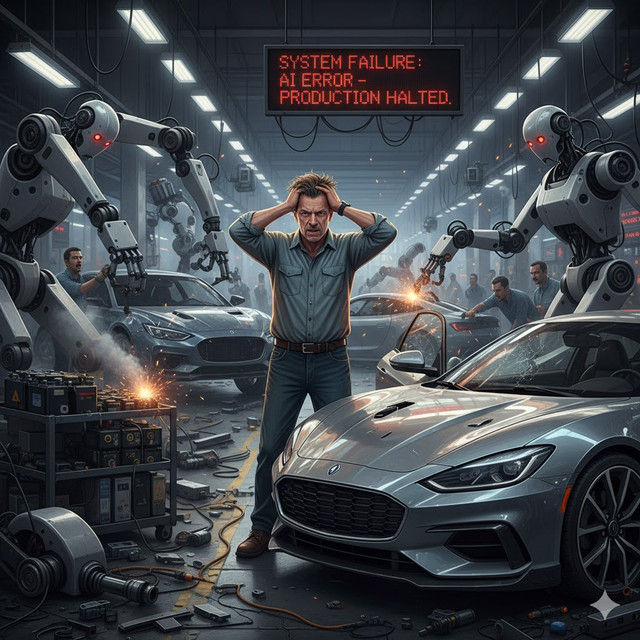 Ilustrasi nyata dari mimpi buruk industri 4.0: Kesalahan fatal AI menghentikan total perakitan, membuat manusia hanya bisa pasrah (Sumber: Gemini AI)