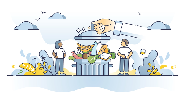 Masalah sampah makanan dapat dikurangi dengan mengompos sisa makanan dan menerapkan gaya hidup konsumsi yang lebih bertanggung jawab @ 2021 VectorMine [https://www.shutterstock.com/id/image-vector/food-waste-problem-garbage-composting-meal-2011886654].