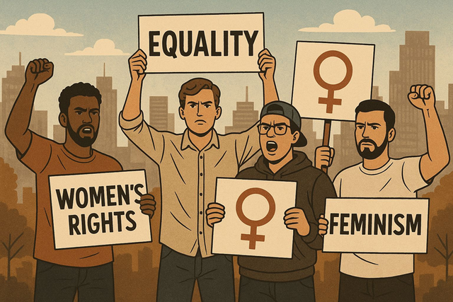 Sumber: Ilustrasi sekelompok laki-laki yang berdemo mendukung hak perempuan dan menyuarakan isu feminisme. Gambar dihasilkan oleh AI melalui ChatGBT/GBT-5