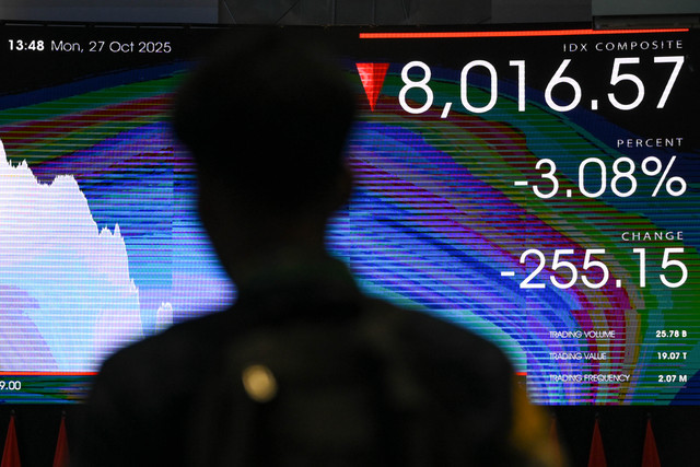 Layar menampilkan pergerakan harga saham di Bursa Efek Indonesia, Jakarta, Senin (27/10/2025). Foto: Hafidz Mubarak A/ANTARA FOTO