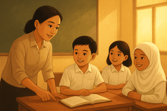 Guru membimbing siswa belajar dengan penuh perhatian di ruang kelas, melambangkan pendidikan yang menyentuh akal dan hati. sumber:chatgpt.com