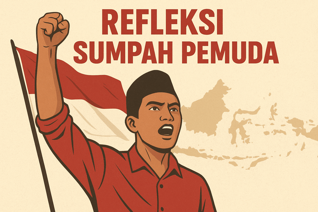 Pemuda Indonesia mengangkat tangan dengan semangat di depan bendera merah putih, melambangkan persatuan dan semangat Sumpah Pemuda. Sumber: Chatgpt.com