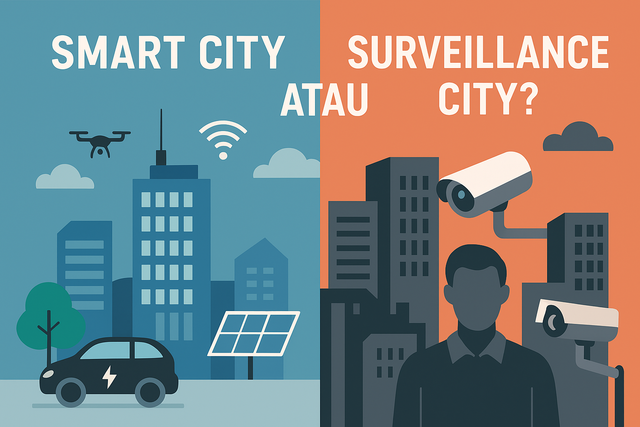 Ilustrasi dua sisi kota modern yang kontras: di kiri, Smart City yang hijau dan terhubung digital dengan mobil listrik, drone, dan panel surya; di kanan, Surveillance City penuh kamera pengawas dan warga yang diawasi. (Sumber foto: Idisign)