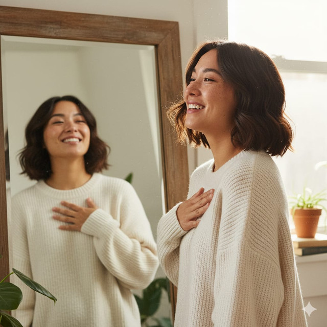 Seseorang dengan tulus tersenyum atau tertawa lepas di depan cermin, tampak bahagia dan bangga dengan dirinya sendiri. Cermin itu menunjukkan refleksi yang positif dan otentik, tidak terpengaruh oleh filter atau standar media sosial. (Sumber: Gemini AI)