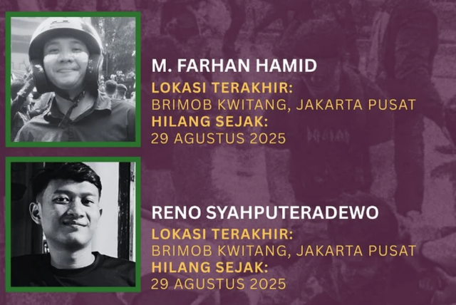 Farhan dan Reno, dua warga yang masih hilang sejak 29 Agustus 2025 saat demo rusuh di Kwitang, Jakpus. Foto: Instagram/@kontras_update