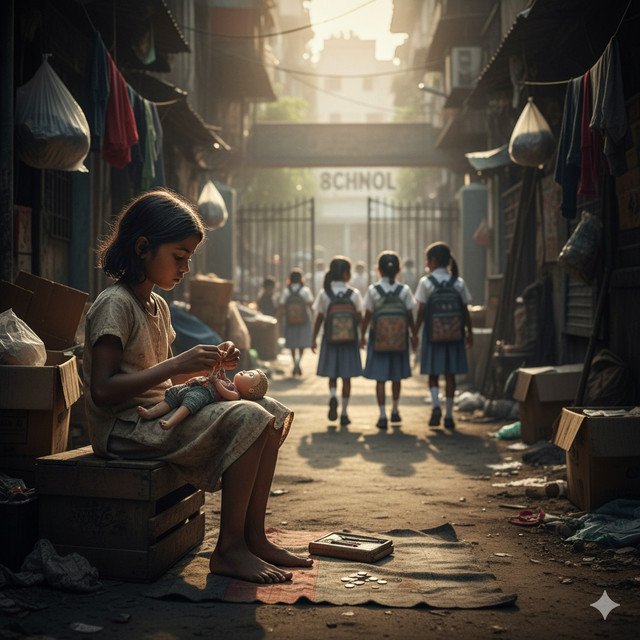 Menggambarkan anak yang seharusnya mencari ilmu namun ia harus mencari nafkah demi kebutuhan sehari-nya. Foto: Gemini