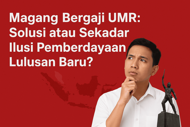 Desain berlatar merah dengan peta Jawa Timur dan patung Surabaya, menampilkan sosok pemuda berpakaian putih sebagai simbol generasi muda dalam isu magang bergaji UMR. Gambar ini dihasilkan oleh AI Chatgpt