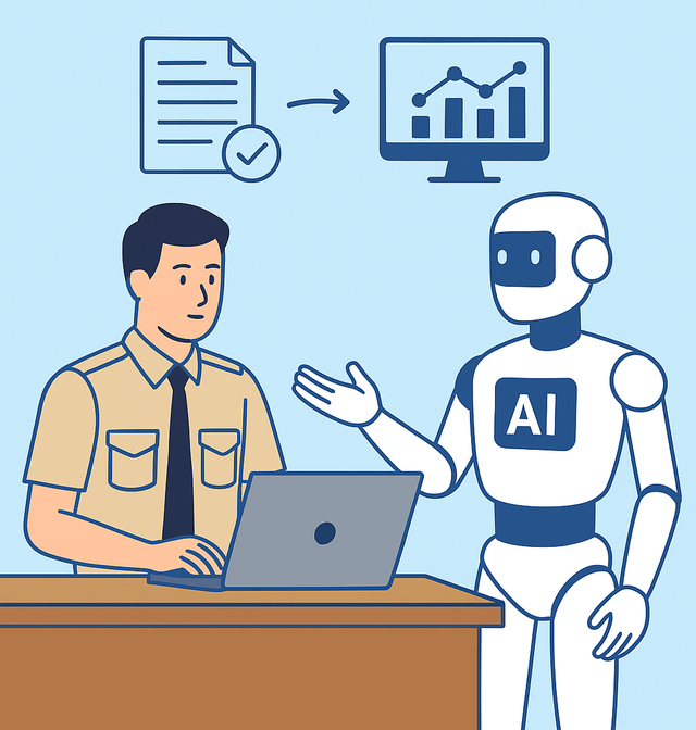 Ilustrasi interaktif menunjukkan pertemuan antara Pegawai Negeri Sipil (PNS) dan robot berbasis kecerdasan buatan (AI), menggambarkan transformasi birokrasi menuju era digital. (Sumber foto: idisign)