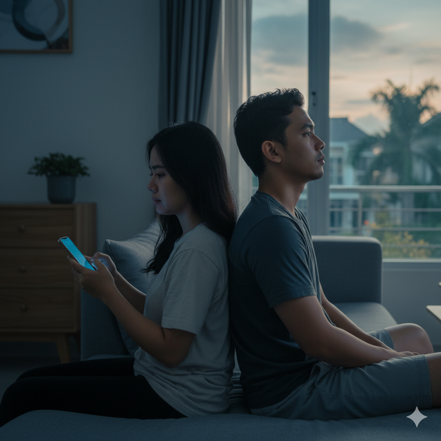 Ilustrasi cewek yang avoidant dia terlihat cuek dan tidak peduli dan cowo anxious yang peduli untuk menunggu. (foto: AI Gemini)