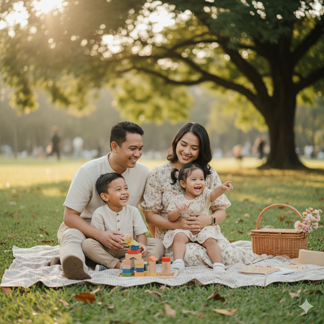 Gambar ilustrasi menunjukkan keluarga harmonis yang berbahagia walaupun menikah beda suku. Sumber foto: Gemini.