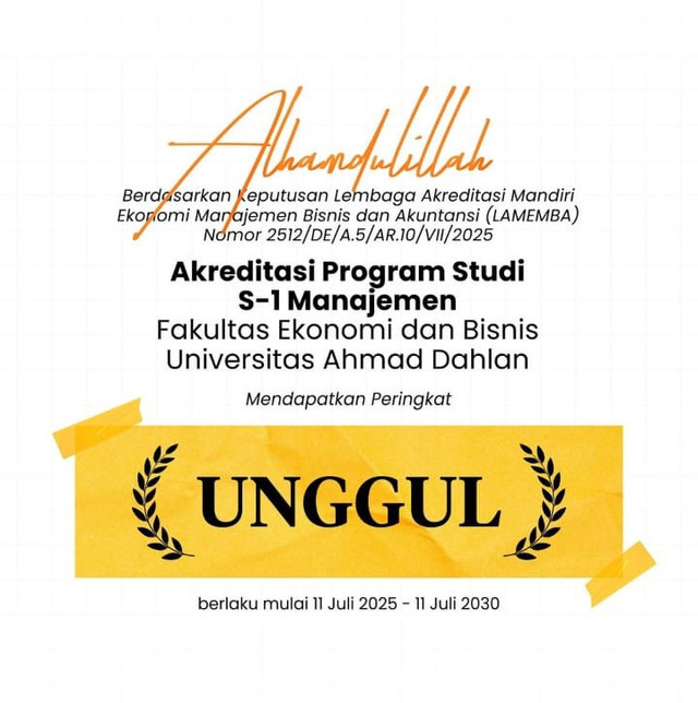 Akreditasi Unggul Prodi Manajemen Universitas Ahmad Dahlan (UAD) (Foto. Prodi Manajemen UAD)