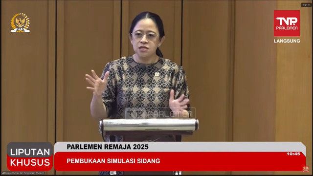Ketua DPR RI Puan Maharani di acara Parlemen Remaja di Ruang Abdul Muis, Kompleks Parlemen Senayan, Jakarta, Kamis (6/11/2025). Foto: YouTube/ TVR Parlemen