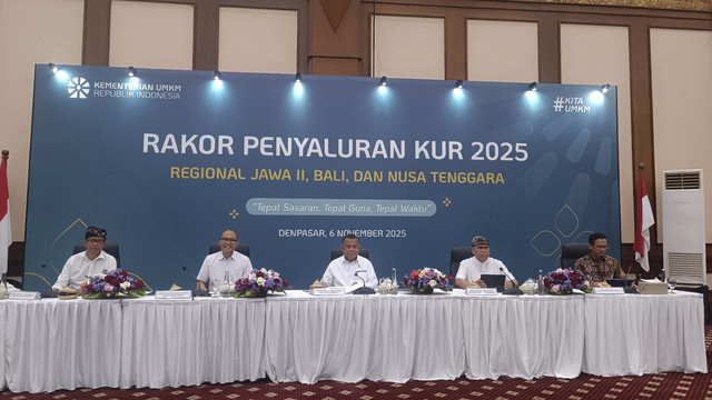 Wakil Menteri UMKM Helvi Yuni Moraza mengumpulkan direksi Bank Himbara (Himpunan Bank-Bank) Milik Negara wilayah Jawa II, Bali dan Nusa Tenggara di Gedung Perwakilan Bank Indonesia Provinsi Bali, pada Kamis (6/11/2025). Foto: Antara