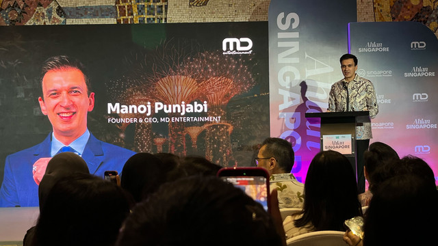 Founder & CEO, MD Entertainment, Manoj Punjabi dalam acara penandatanganan MoU STB dan MD Entertainment di Jakarta pada Kamis (6/11/2025). Foto: Gitario Vista Inasis/kumparan