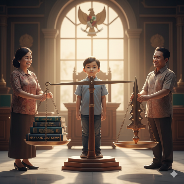 Anak kecil di tengah timbangan menunjukkan bahwa kepentingan terbaik anak adalah titik keseimbangan.Gambar ini dihasilkan oleh Gemini AI