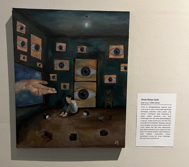 Lukisan Karya Dinda Syifa Mulya berjudul Terbelenggu, makna kebebasan dan refleksi personal | Foto : Taufik Hidayah/Lampung Geh