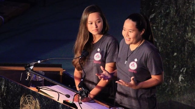 Melati dan Isabel Wijsen di PBB. Foto: Instagram: @byebyeplasticbag/kumparanNEWS