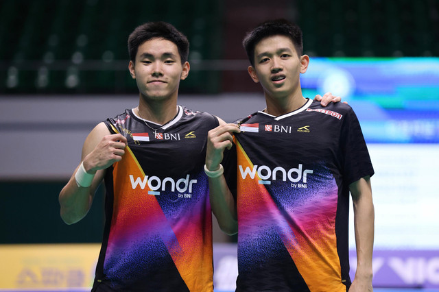 Ganda putra Indonesia Raymond Indra dan Nikolaus Joaquin saat bertanding di Korea Masters 2025. Foto: PBSI