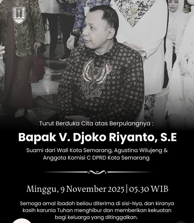 Politisi PDIP sekaligus Suami Wali Kota Semarang, Agustina Wilujeng Pramestuti, Djoko Riyanto, meninggal dunia. Dok Pemkot Semarang