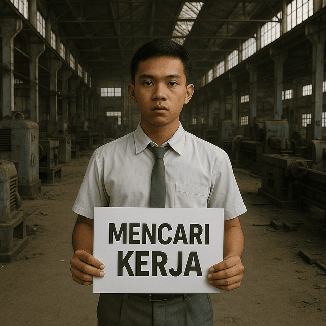 Ilustrasi lulusan SMK mencari kerja ketika pabrik gulung tikar (Sumber : Arie Wibowo Khurniawan)