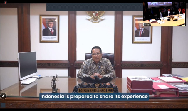 Menteri Hukum, Supratman Andi Agtas menyampaikan pengalaman dengan Justice Action Coalition (JAC) pada Pertemuan Tingkat Tinggi JAC, Selasa (11/11). Foto: Dok. Istimewa