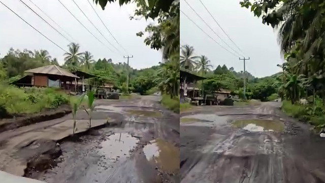 Kolase jalan rusak di bilangan jalan Kilo Tiga Amurang, Minahasa Selatan menuju ke Kabupaten Minahasa Tenggara. 