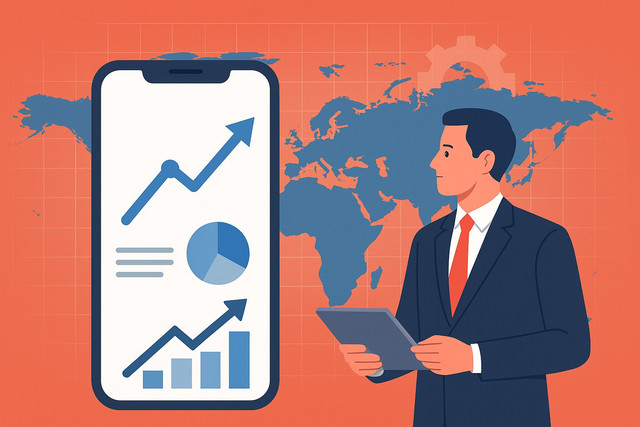 Ilustrasi animasi tentang strategi dan kepemimpinan global dalam industri smartphone, menampilkan analisis data, peta dunia, dan perangkat mobile sebagai simbol evolusi teknologi dan persaingan pasar. (Sumber foto: Idisign)