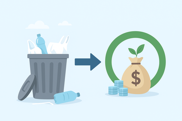 Ilustrasi animasi proses daur ulang sampah plastik menuju ekonomi sirkular, menampilkan alur pemilahan, pengolahan, hingga produksi ulang menjadi bahan dan produk baru untuk mendukung pengelolaan sampah berkelanjutan di Indonesia. (Sumber foto: Idisign)