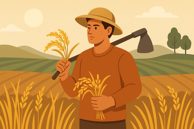 Ilustrasi petani di lahan pertanian dengan latar sawah hijau dan langit cerah yang menggambarkan tantangan ketahanan pangan Indonesia pada 2025. (Sumber foto: Idisign)